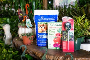 Houseplants and a variety of accessories including SW Potting Soil, EB Stone Organics Plant Food and a Moisture Meter