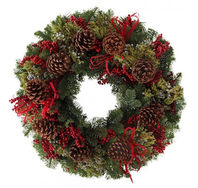 enchanted forest wreath a collection of rich noble fir, fragrant berried juniper, festive ponderosa pine cones and elegant canella berries