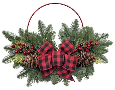 Holiday decor - golden forest wreath powder coated ring which is beautifully decorated with noble fir, western red cedar, faux berries all capped with a large festive bow