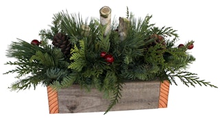 Holiday decor 2021 magic forest arrangement a rustic wooden container with a large assortment of noble fir, western red cedar and princess pine, accented with pieces of wooden branches and ponderosa pinecones