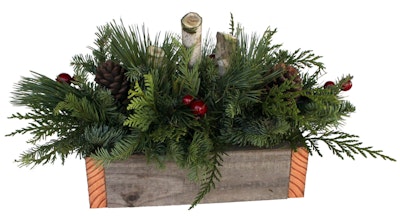 Holiday decor 2021 magic forest arrangement a rustic wooden container with a large assortment of noble fir, western red cedar and princess pine, accented with pieces of wooden branches and ponderosa pinecones
