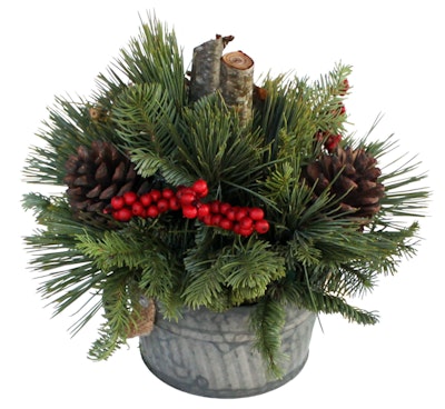 Holiday centerpiece called winter forest - a metal container with greenery, pinecones, sticks and canella berries