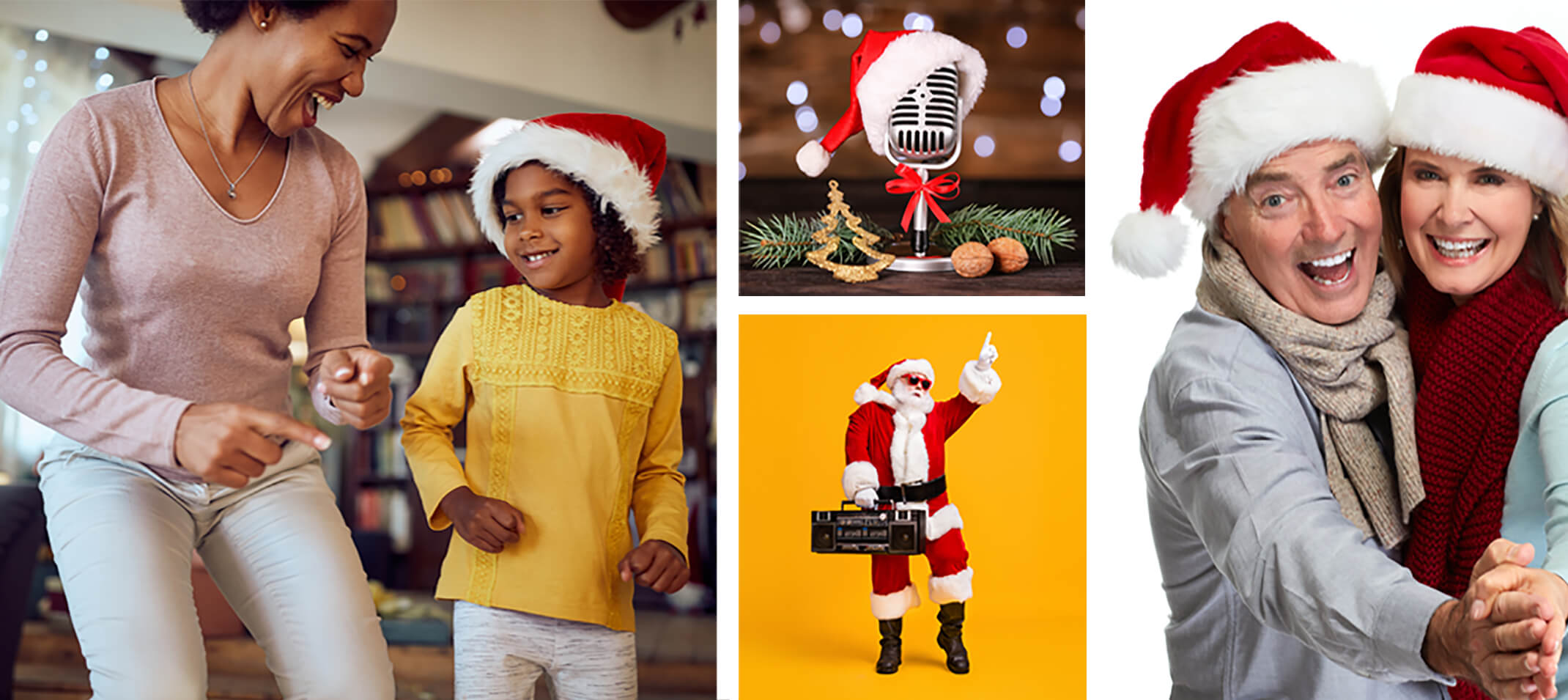 mother and daughter dancing at home at Christmas, a microphone with a santa hat on it, an image of santa holding a boom box dancing to music and an image of a couple with santa hats on while dancing