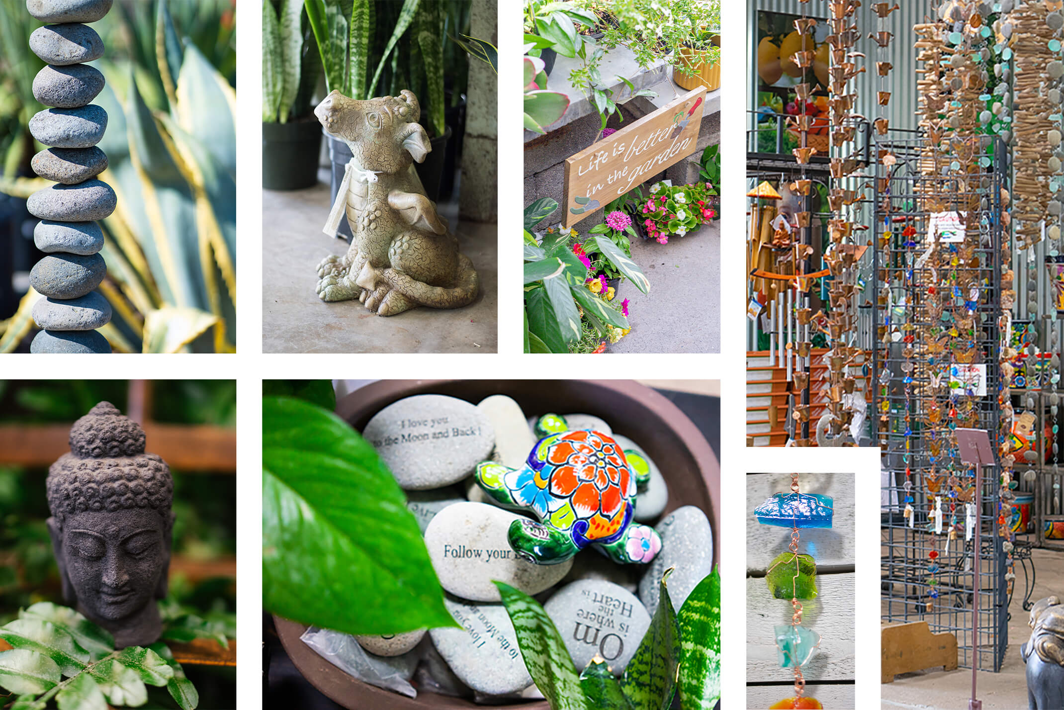 A collage of 7 images: a stacked stone sculpture with agaves in the background; a stone buddha head near a leaf and some wooden shelves; a bowl of stones with different sayings carved in them and a small talavera turtle on top - with some houseplant leaves in the foreground; a baby dragon sculpture near some houseplants; a closeup of a colorful shattered glass decorative rain chain; and a wide variety of rain chains and windchimes hanging up on display at the store