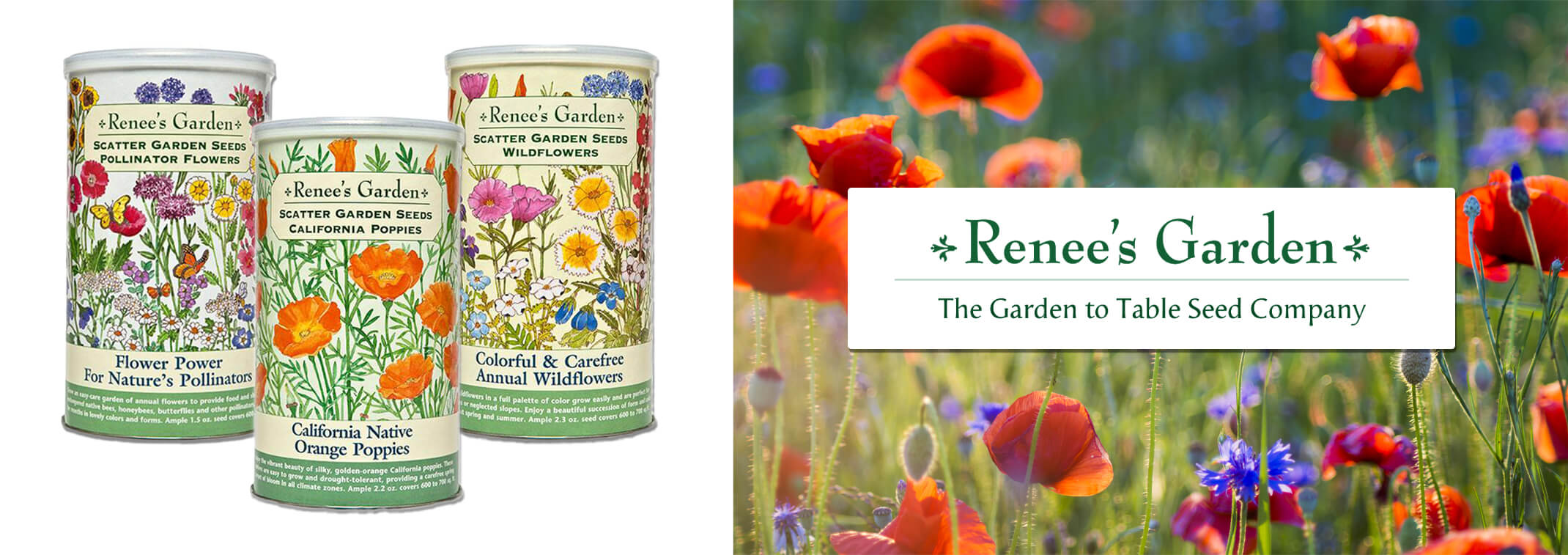 2 images: the first has 3 different containers of Renee's Gardens Native flower seed mixes or Wildflower mixes; the second image is a field of wildflowers, primarily consisting of bright orange-red poppies and purple Barchelor's buttons with a white box in the center of the image with Renee's Garden Seed logo inside it, along with the text that says 
