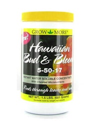 A container of Grow More Hawaiian Bud & Bloom fertilizer