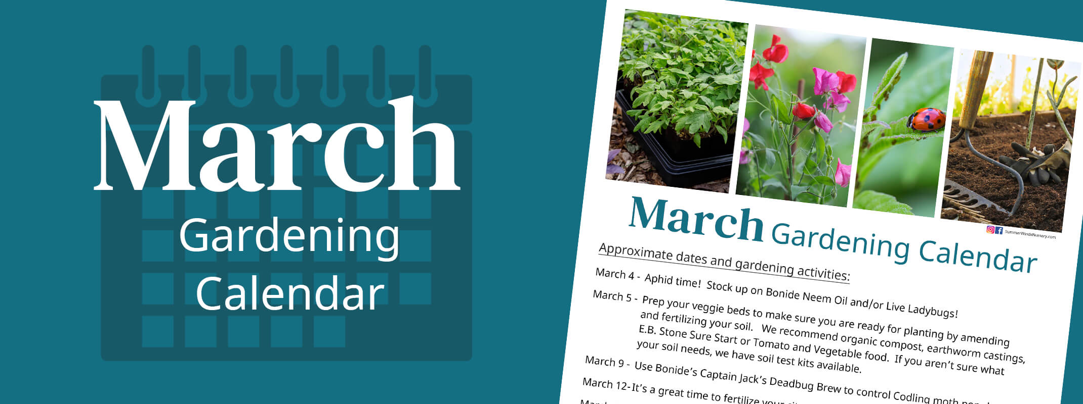 March gardening calendar banner showing the calendar on the image