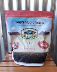 A bag of Tony's Magic Flower fertilizer by Earth's Original Organics