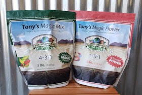 A bag of Tony's Magic Mix and Tony's Magic Flower fertilizers by Earth's Original Organics