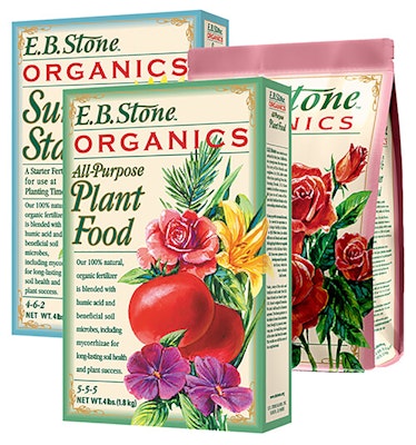 4 lb packages of eb stone organics all purpose plant food, sure start and rose and flower food 