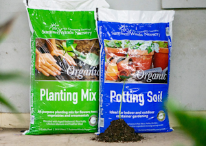 SummerWinds organic planting mix 2 cuft bag and summerwinds organic potting soil 1.5 cuft bag with soil and plant in front