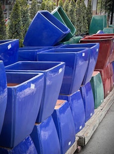 outdoor pottery planters or container gardens blue gree and dark red - square top