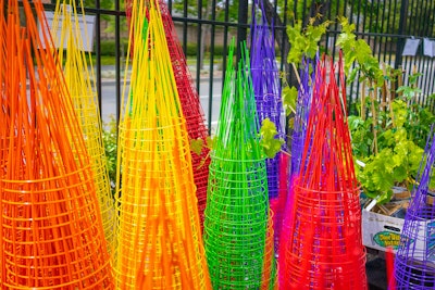 An assortment of colorful tomato cages