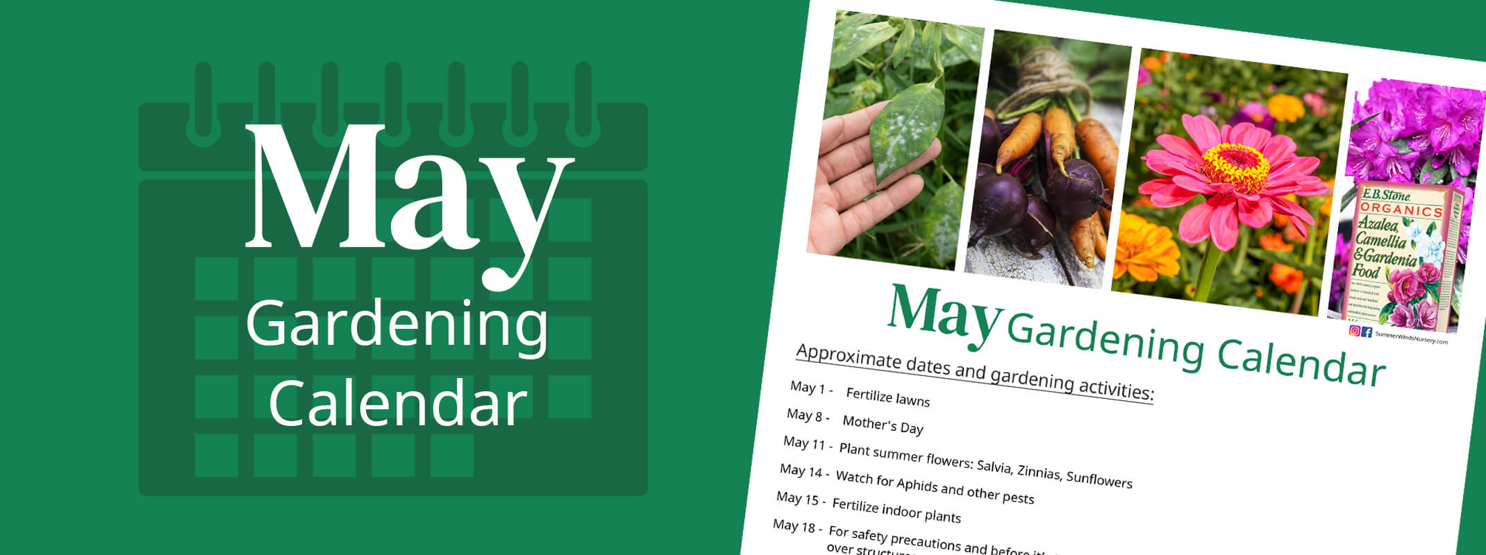 May gardening calendar with image of the calendar and the words May gardening calendar on it
