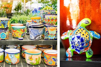 A photo of a variety of Talavera pots and a Talavera turtle agains an orange pot