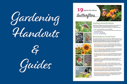 Text that reads Gardening Handouts & Guides with a sample handout picture