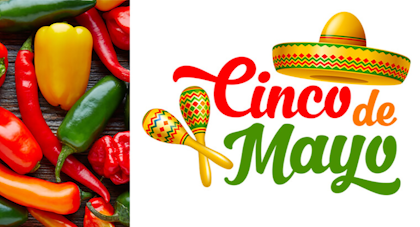 cinco de mayo banner, assorted peppers, sombrero