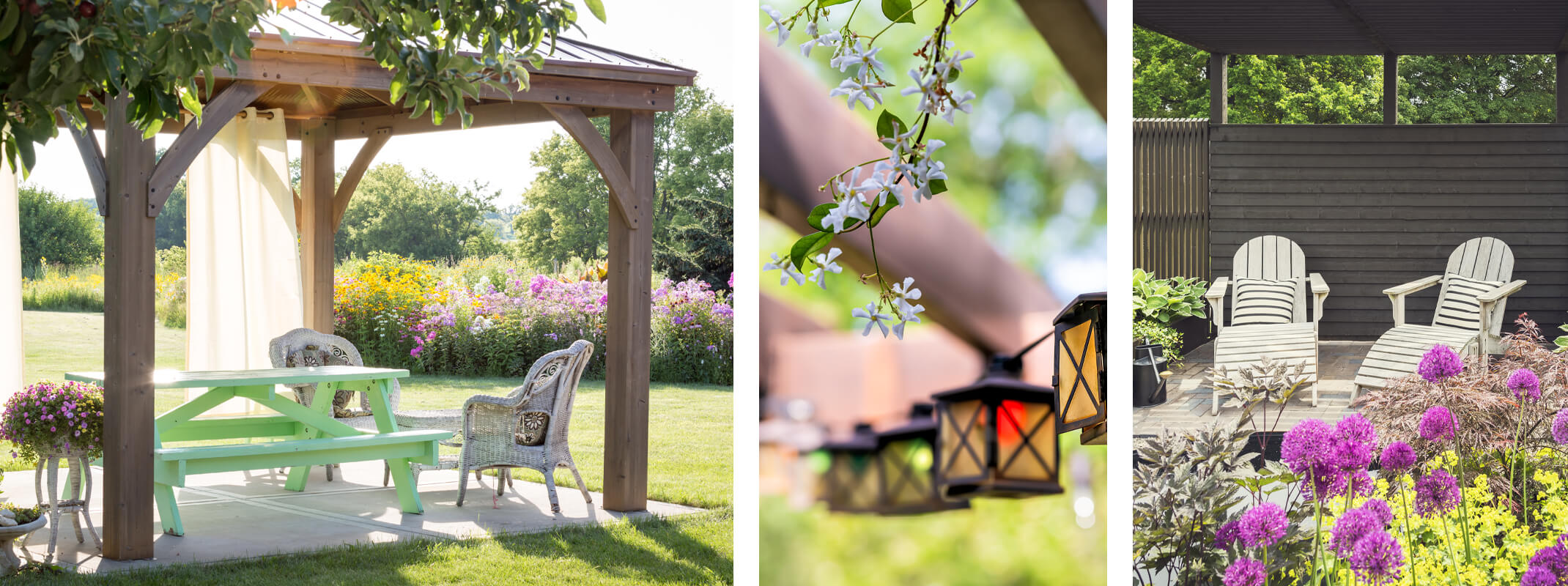 outdoor covered picnic area in garden with trees and plants, flowering trees and lights and adorandak chairs in garden