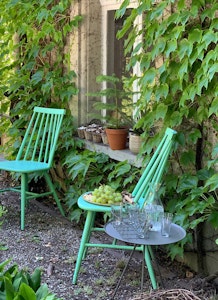 teal chairs in garden with small table next to wall with climbing vine