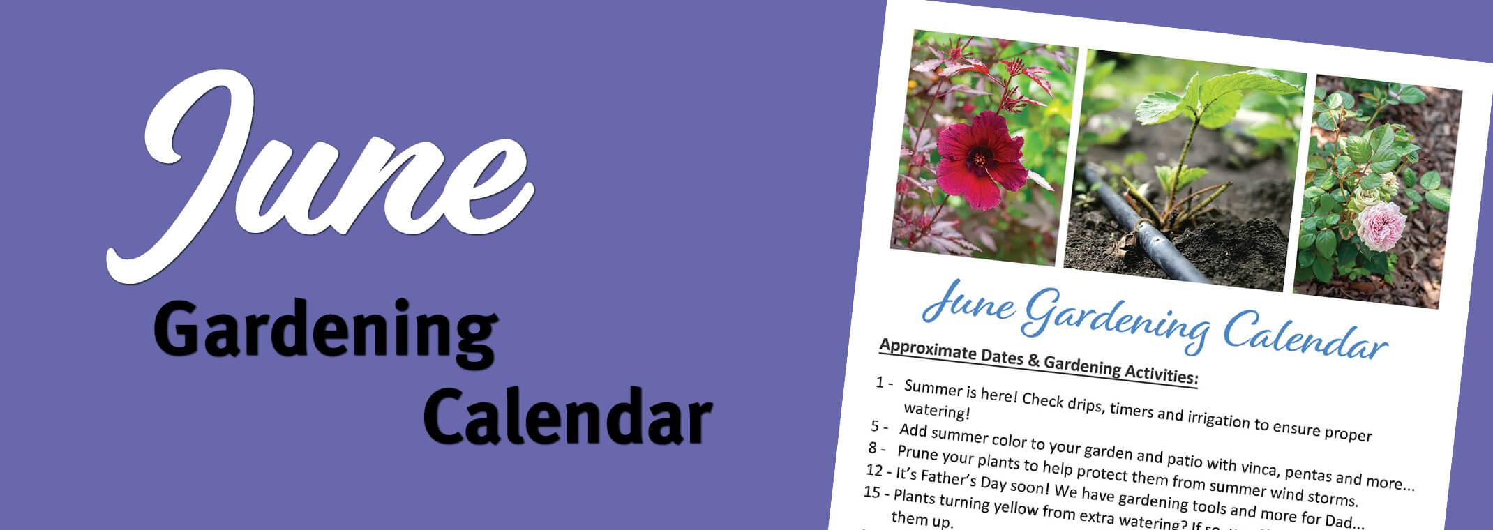 June Gardening Calendar text on a purple background with a small image of our June Gardening Calendar flyer.