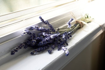 A bundle of dried lavender on a white window sill.