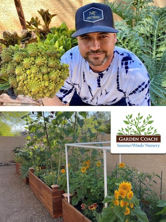Jeff Pavone holding up a fresh-picked Romanesco, and three raised garden beds with a variety of veggies and flowers, with the Garden Coach logo.