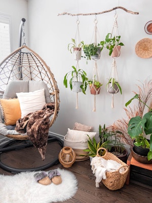 A living room with a hanging chair, and some houseplants in hanging macrame plant holders, and other decor.
