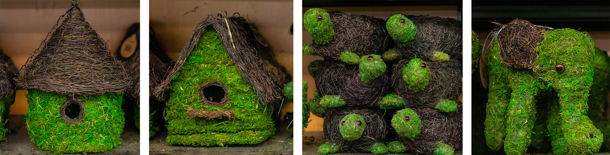 assorted moss planters - birdhouses, turtles and elephant assorted moss planters - birdhouses, turtles and elephant