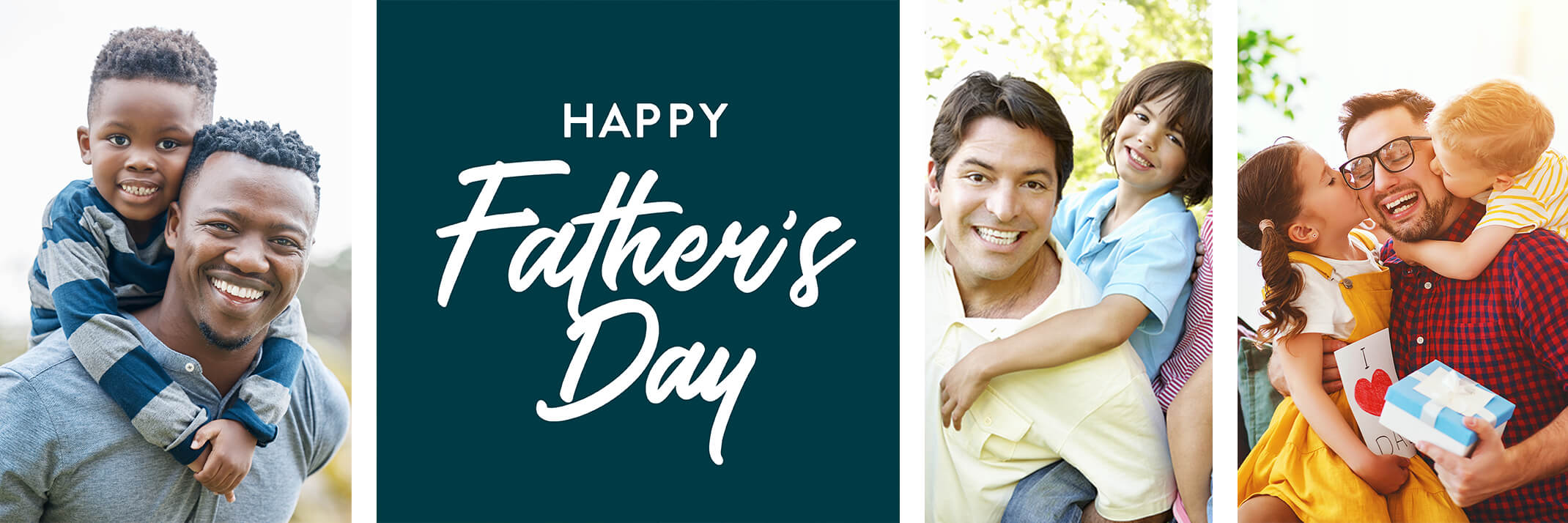 An African-American Dad with his son, Happy Father's Day white text on a blue background, a Hispanic father and son, and a Caucasian father with his daughter and son.