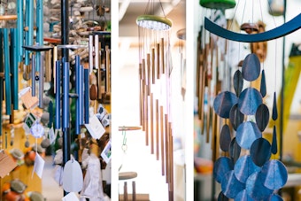 A variety of metal and wood wind chimes.