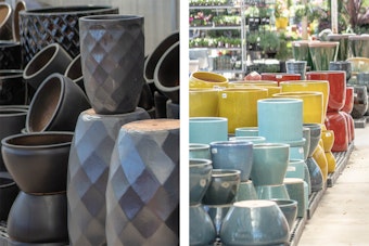 A variety of outdoor pots in different colors and styles.