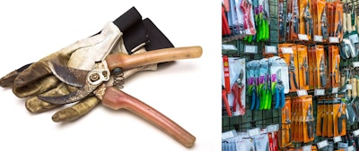 old gardening glove and pruners next to wall of new gardening tools