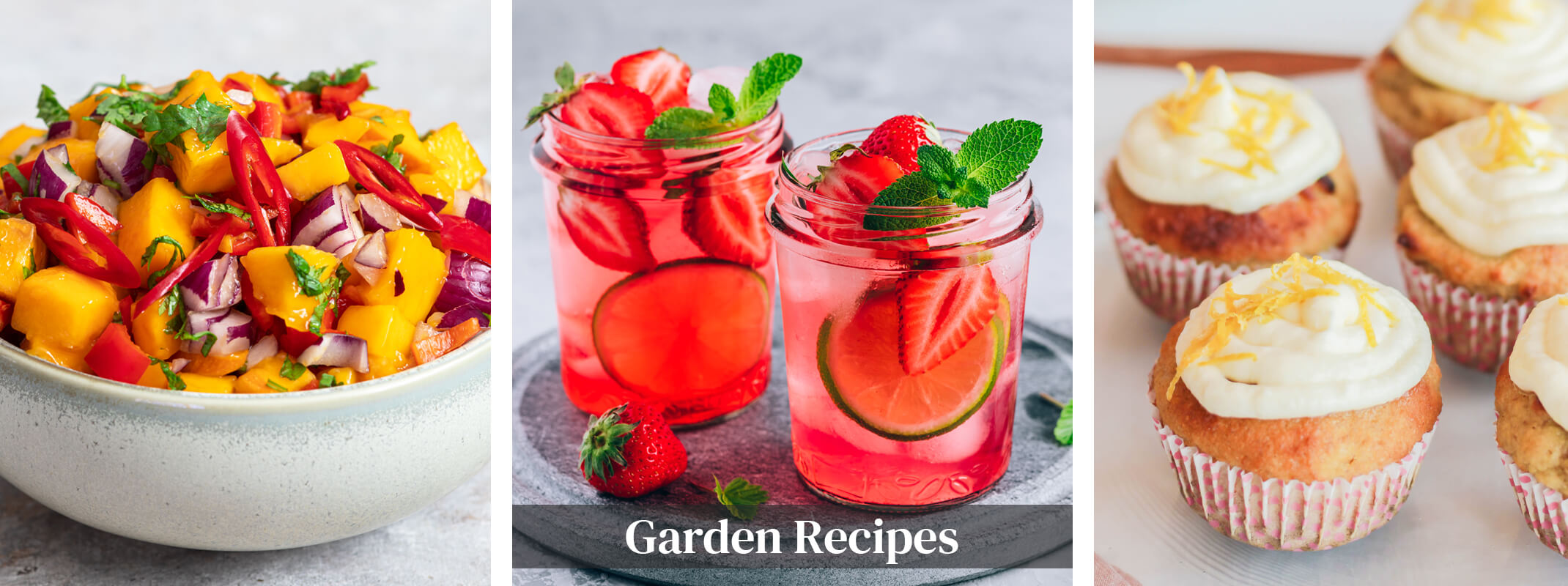 garden recipe images of mango salad, strawberry lime margarita and lemon cupcakes