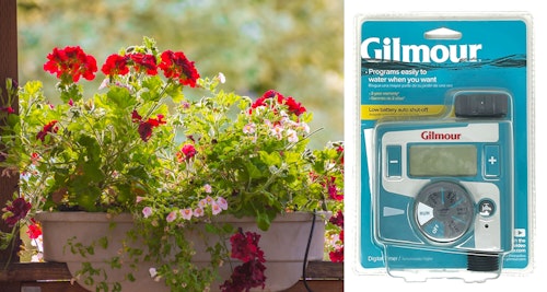 gilmour water timer next to geraniums with drip