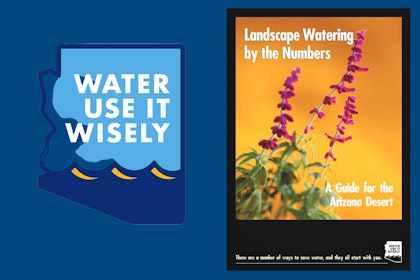The Water Use It Wisely logo and a snapshot of the cover of the Landscape Watering by the Numbers booklet.