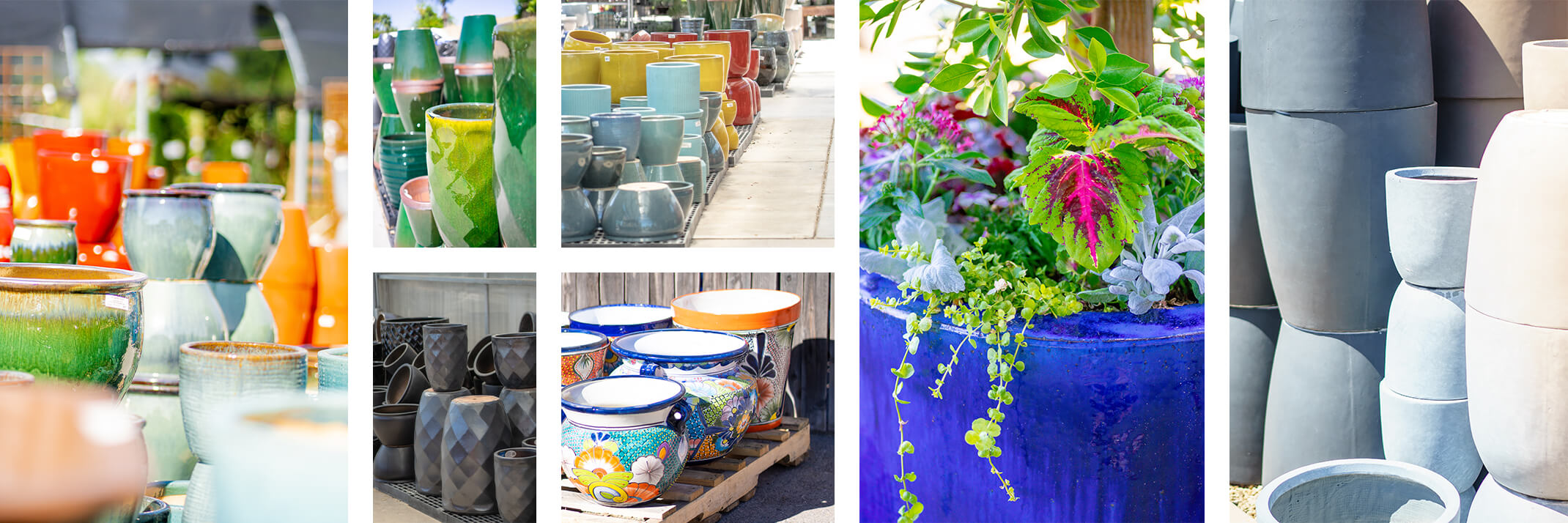 A wide variety of colors, shapes and sizes of outdoor pottery.