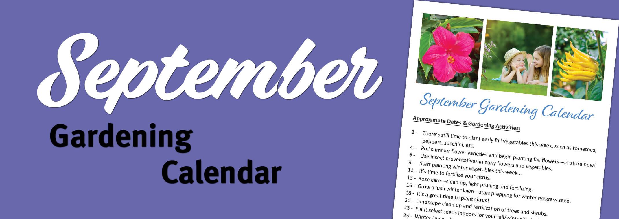 September Gardening Calendar text on purple background with snapshot of downloadable calendar.