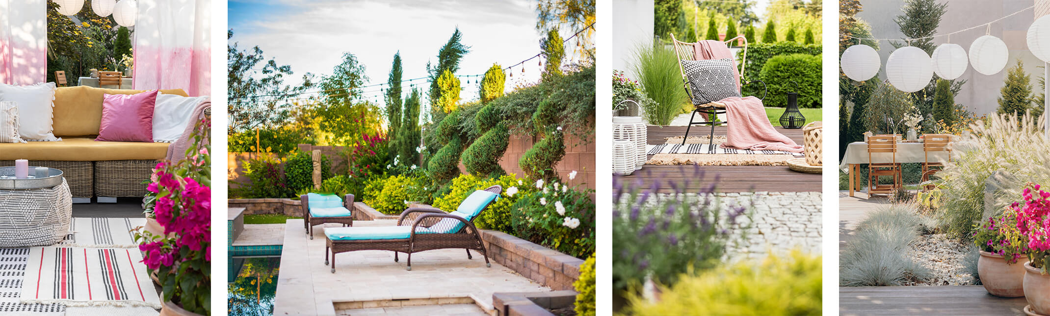 4 different patio images with a wide variety of outdoor living items and plants.