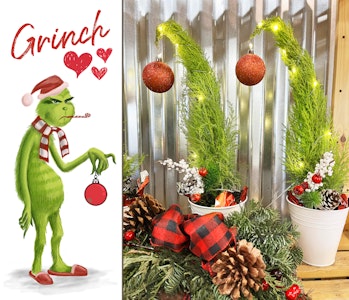 grinch holding an ornamant next to grinch tabletop christmas trees and holiday decor