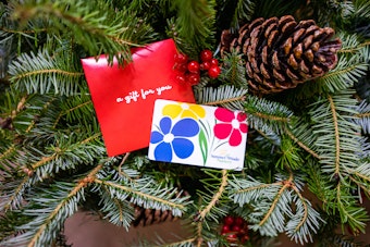 A SW Gift Card displayed on Christmas greenery with berries and a pine cone.