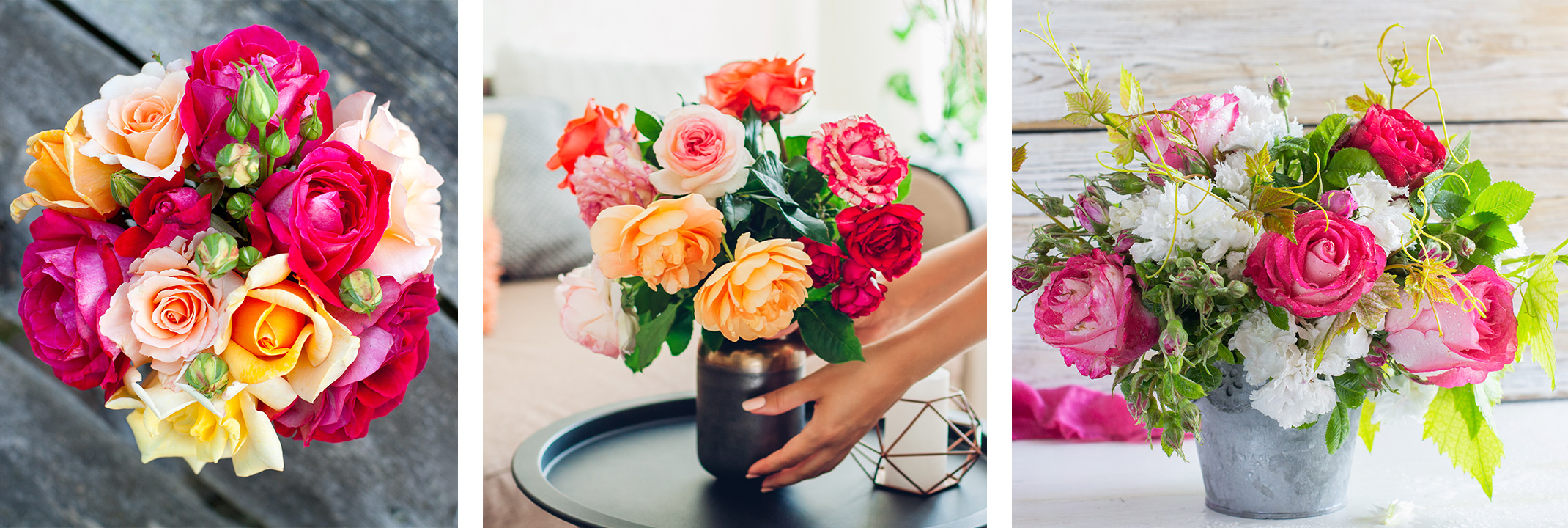 3 different flower arrangements with colorful, fresh-cut roses.