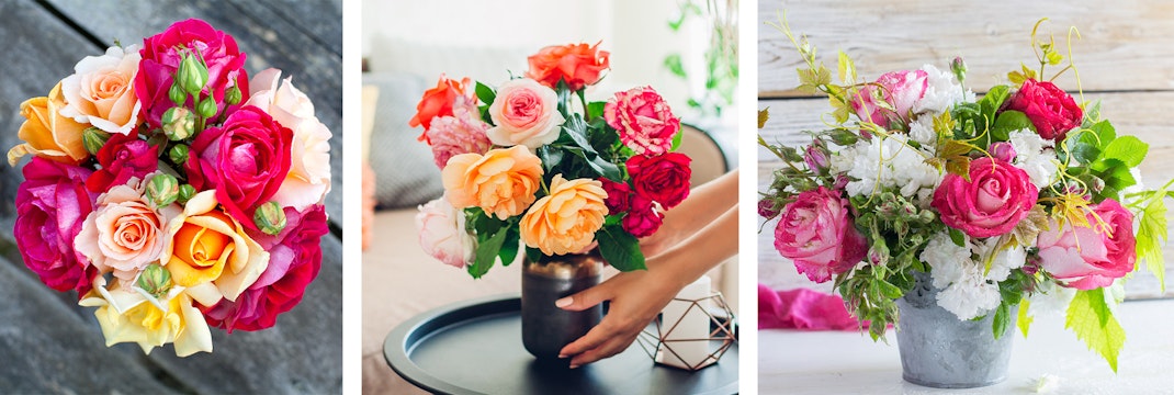 3 different flower arrangements with colorful, fresh-cut roses.