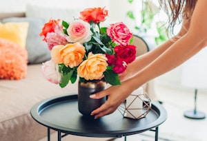 woman placing fresh cut roses in vase on coffee table