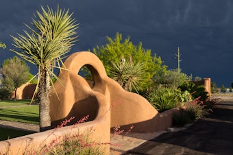 An adobe wall and entrance in a desert yard.