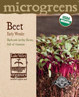 A package of beet microgreens from Lake Valley Organics.