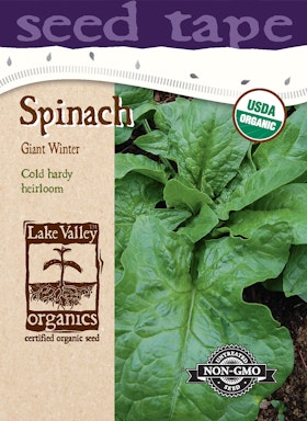 A package of spinach seed tape from Lake Valley Organics.