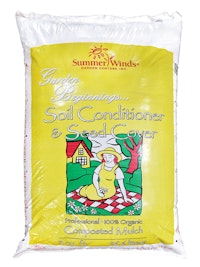 A yellow bag of SummerWinds' Soil Conditioner & Seed Cover