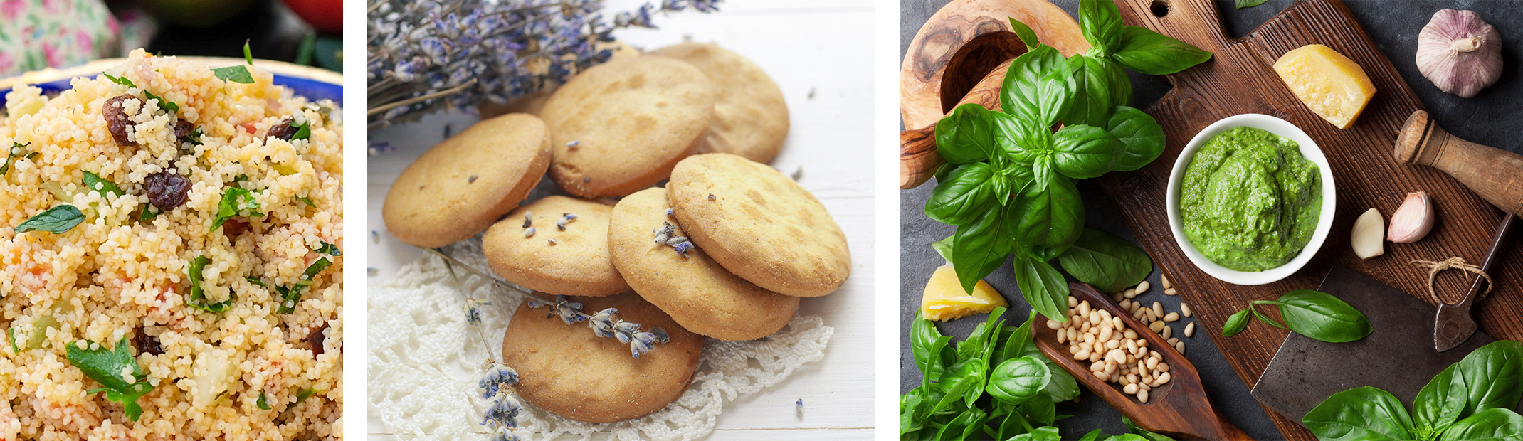 Couscous dish, cookies, and pesto.