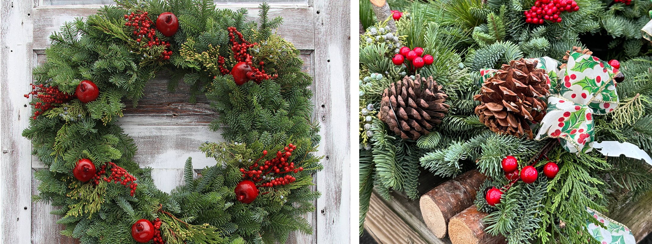 fernhill wreath and greenery on table with logs and pinecones