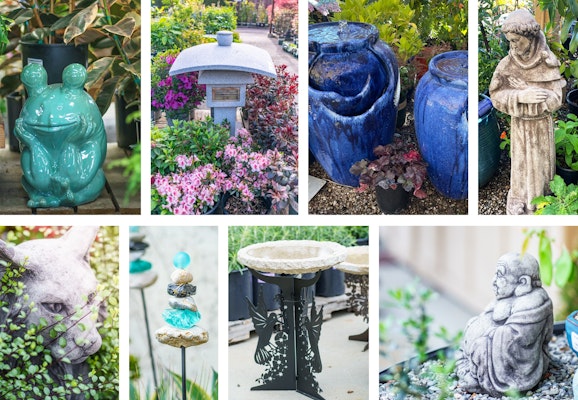 assorted garden decor from frogs, self contained fountains, small statuary, bird baths and other decor